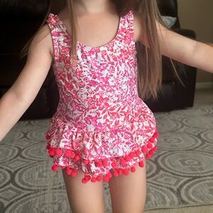 Nicole Miller toddler one piece swim‎ suit vibrant pink floral Pom Pom skirted